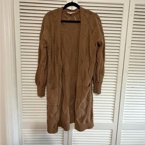 No Boundaries Camel Open-Front Eyelet Knit Cardigan